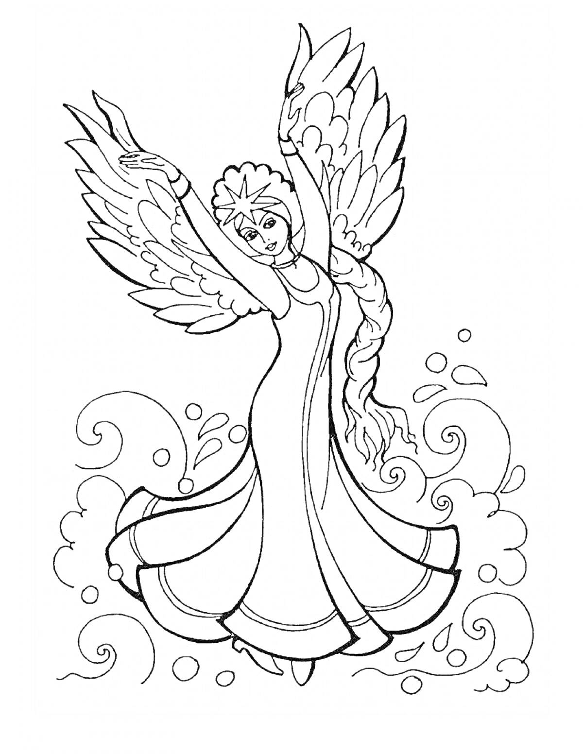 Раскраска Фея с крыльями и длинным платьем, танцующая на волнах