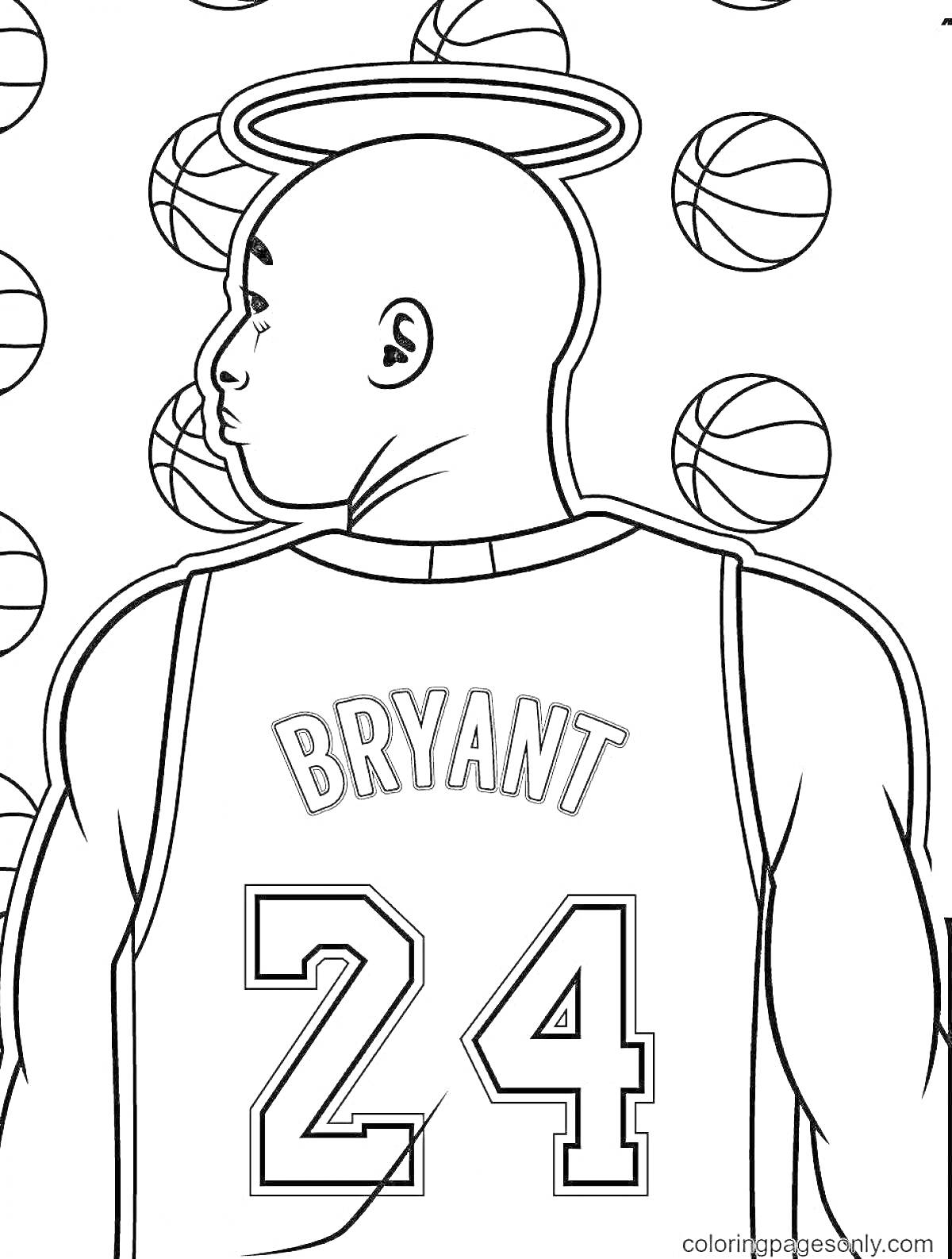 На раскраске изображено: Баскетбол, Баскетболист, Номер 24, Спорт