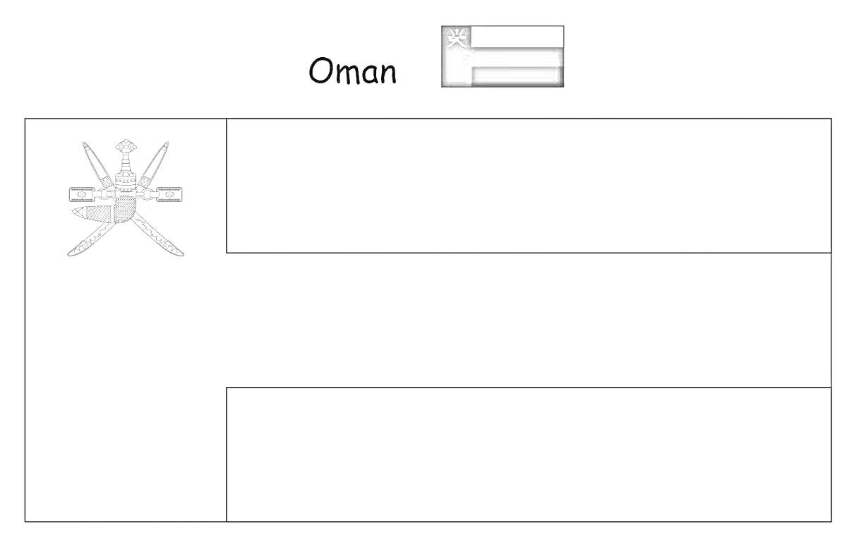 Раскраска Черно-белая раскраска флага Омана, с надписью 