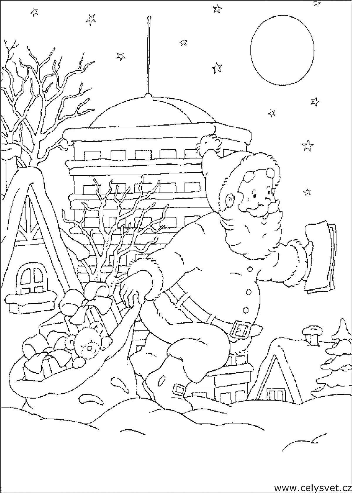 На раскраске изображено: Санта Клаус, Зима, Снег, Деревня, Игрушки, Луна, Звезды, Рождество, Подарки, Для детей, Елки