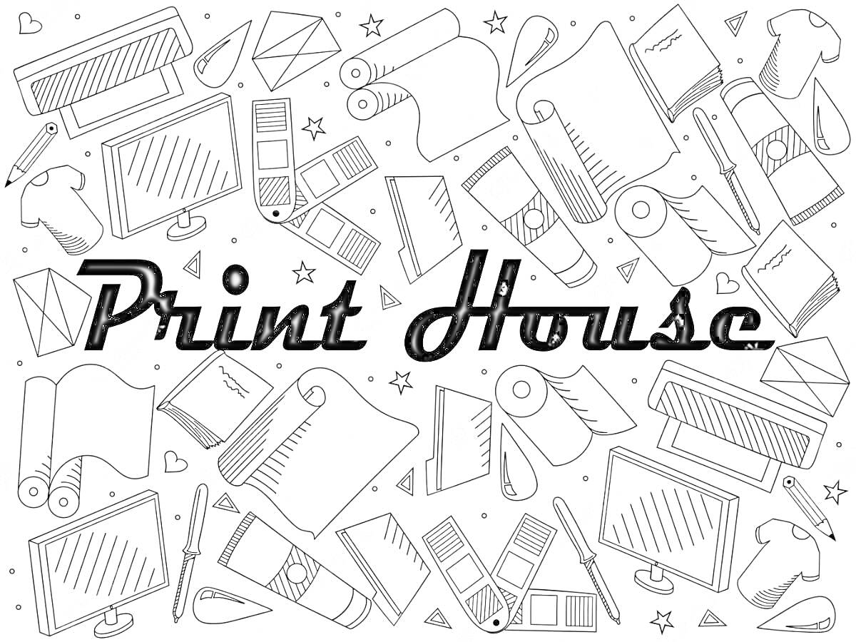 Print House, экраны, мониторы, свёрнутые рулоны бумаги, палитры, краска, кисти, книги, конверты, футболки, галстуки, звёзды, сердца