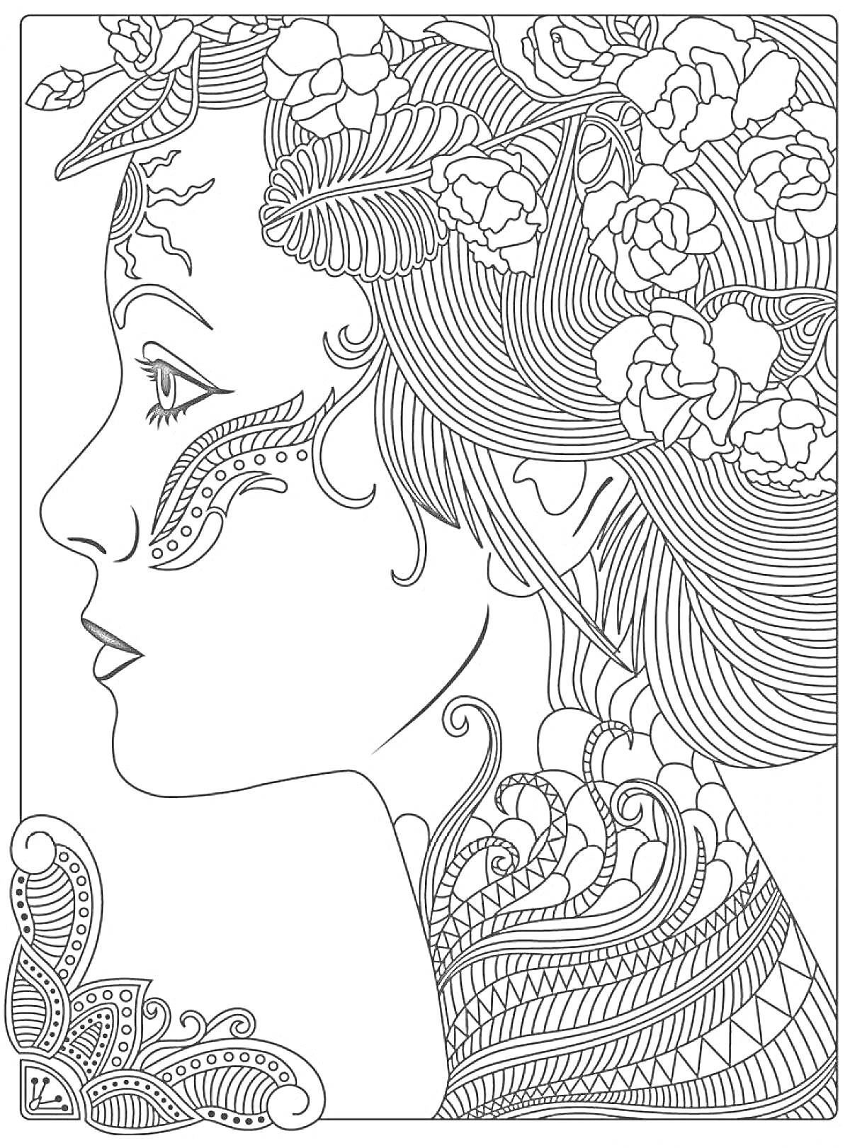 Раскраска Профиль девушки с узорами и цветами