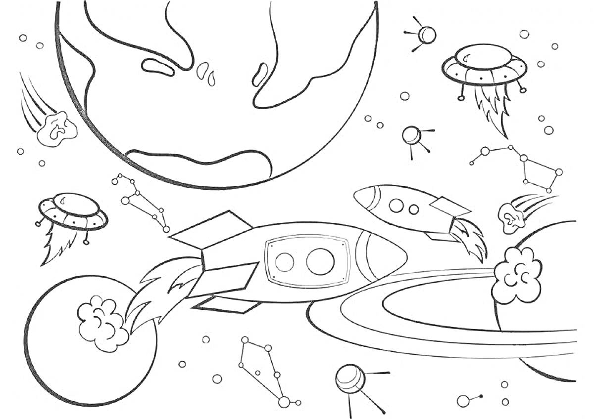 На раскраске изображено: Космос, Планеты, НЛО, Звезды, Созвездия, Иллюстрация