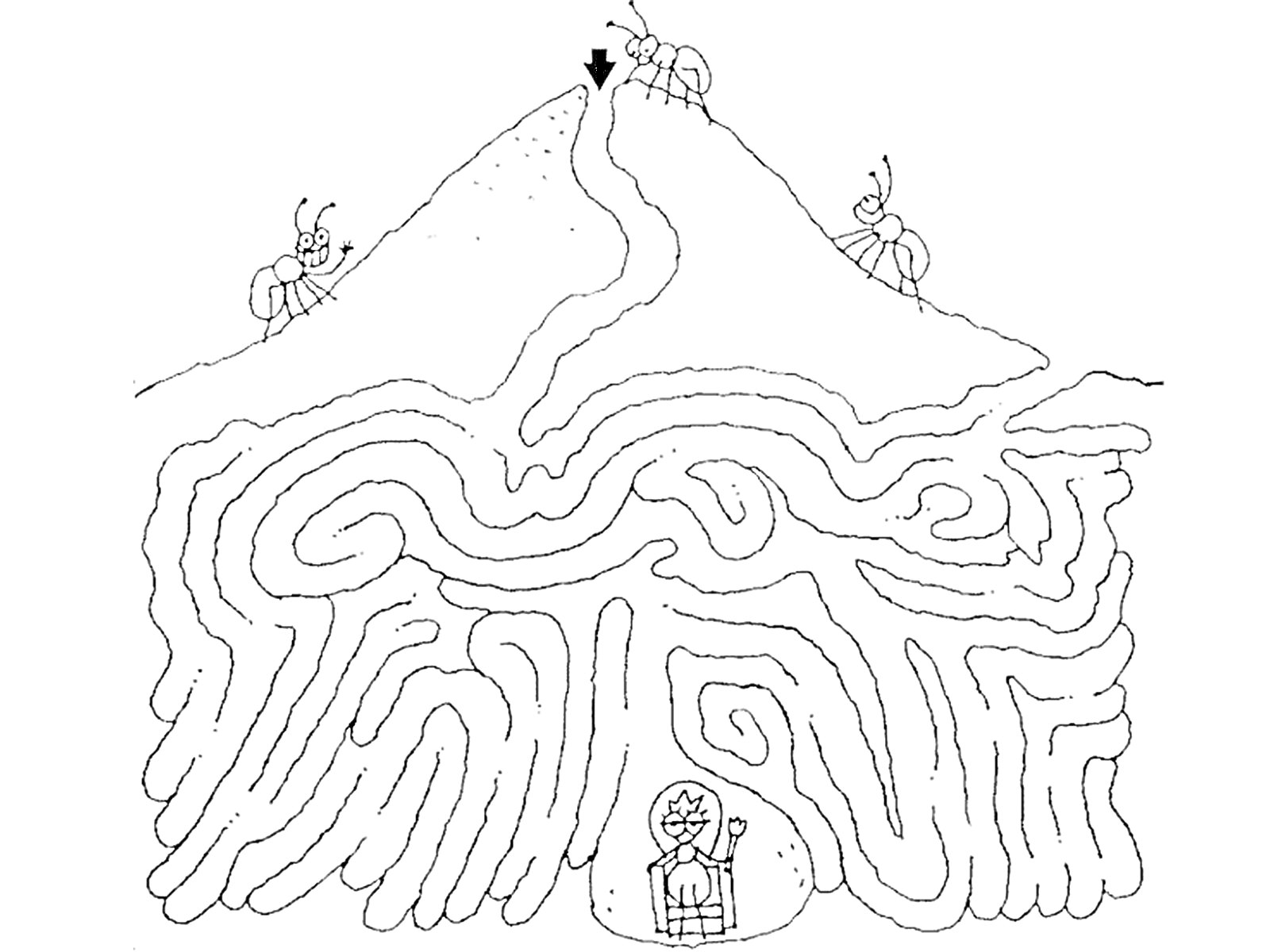 На раскраске изображено: Лабиринт, Путь, Головоломка, Для детей, Муравей, Горы, Фигуры, Развивающие игры
