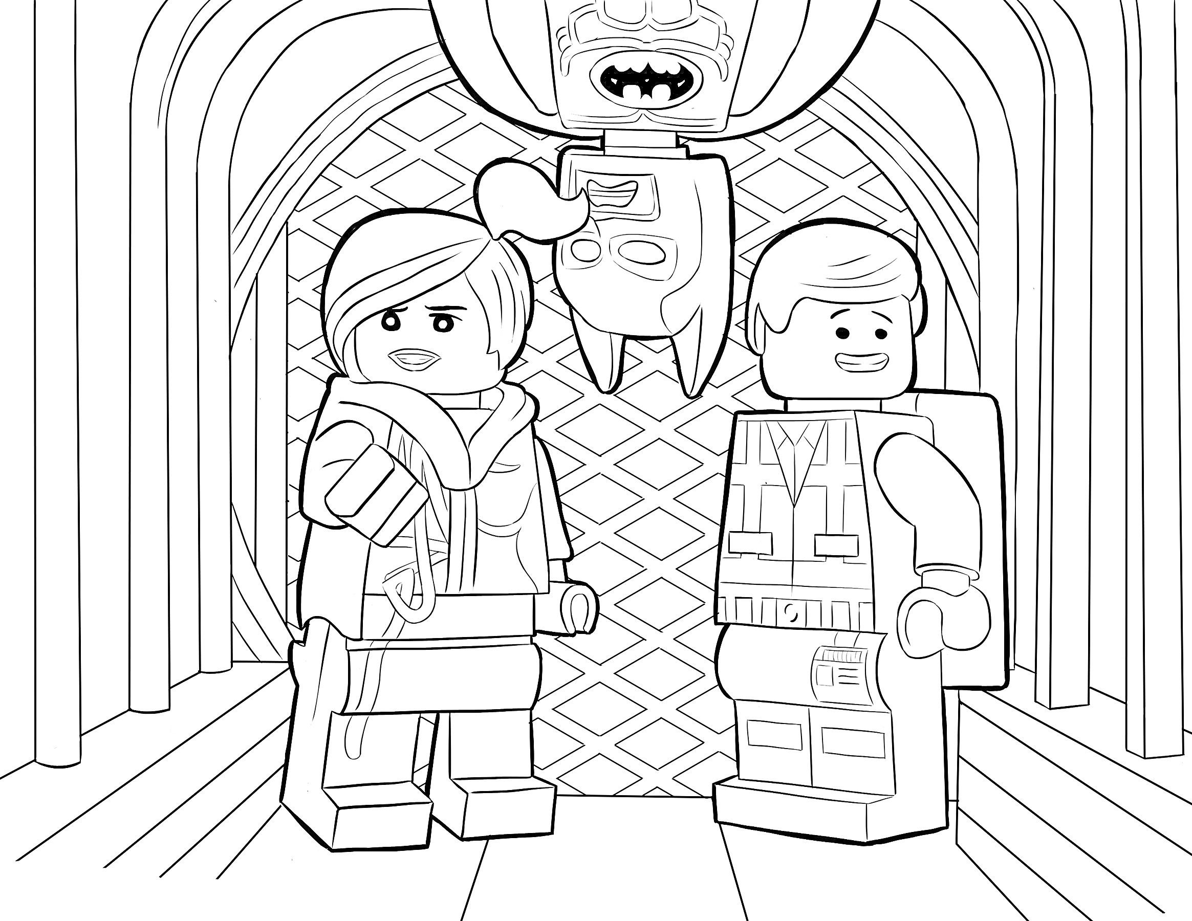 Раскраска Двое персонажей и Лего-Бэтмен из Лего Фильма на фоне арок