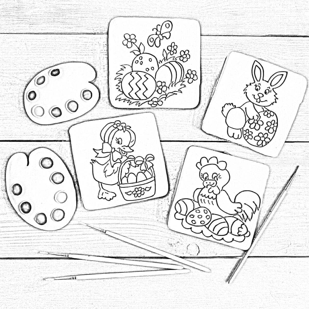раскраска-пряники с изображением пасхального яйца, кролика с цветочком, цыпленка с корзиной, курицы, двух палитр с красками и тремя кисточками на деревянной поверхности