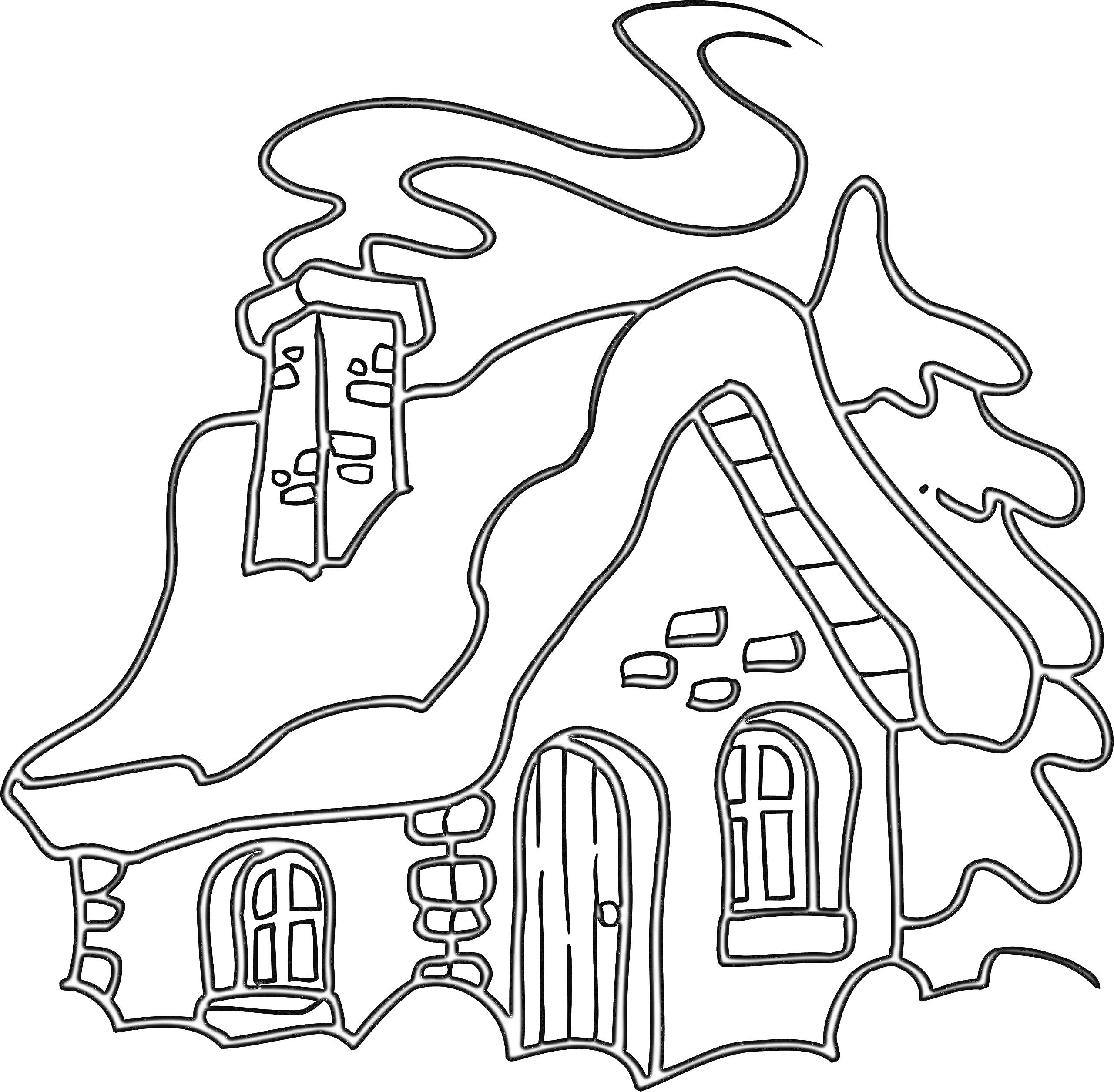 Раскраска Зимний домик с дымоходом, снежной крышей, каменным фасадом и окнами