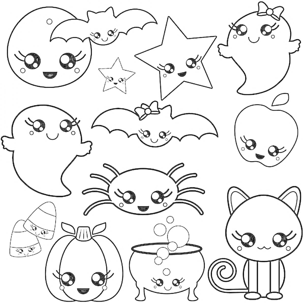 Раскраска милые Хэллоуинские стикеры с котиком, тыковкой, паучком, привидениями, конфетками, звездочками, яблоком, летающими мышами и котлом