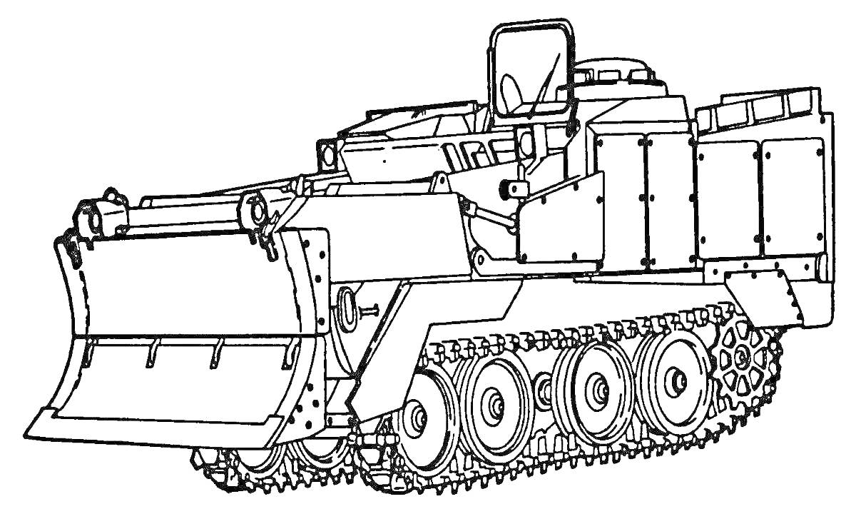 Раскраска Танк с колесами и гусеницами, с лопатой и бронированной кабиной