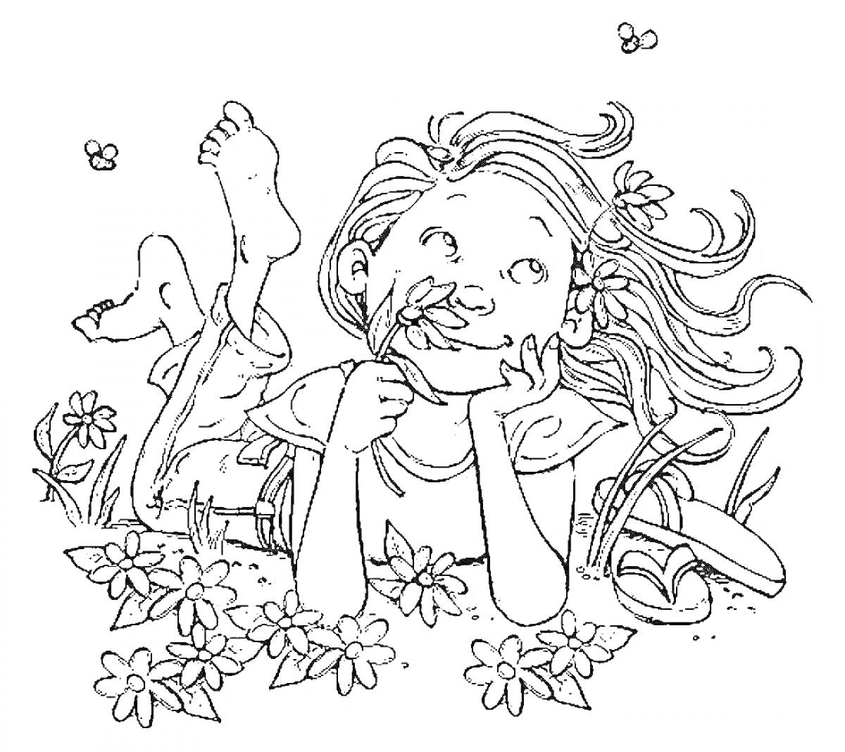Раскраска Девочка лежит на траве среди цветов и бабочек, глядя в небо и держа цветок в руке