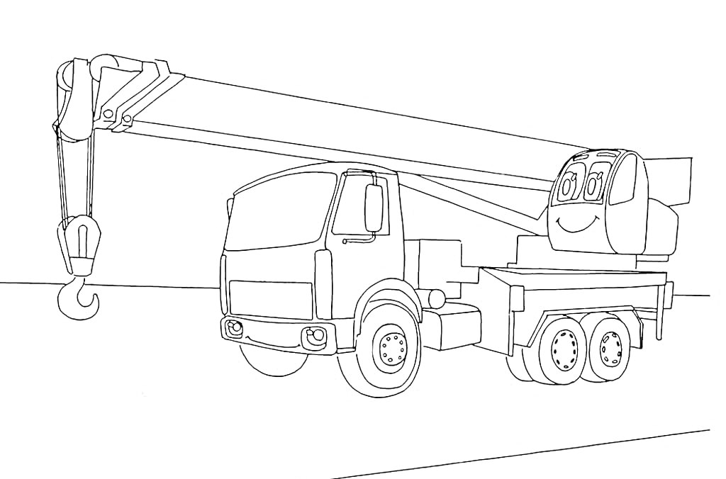 Раскраска Автокран с длинной стрелой и крюком на фоне дороги