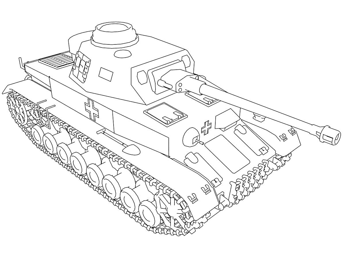 Танк со звездой на башне, шасси с гусеницами, длинное орудие, отверстие для люка на башне