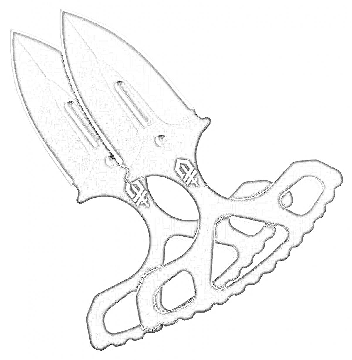 На раскраске изображено: Нож, Оружие, Белый фон, Логотипы