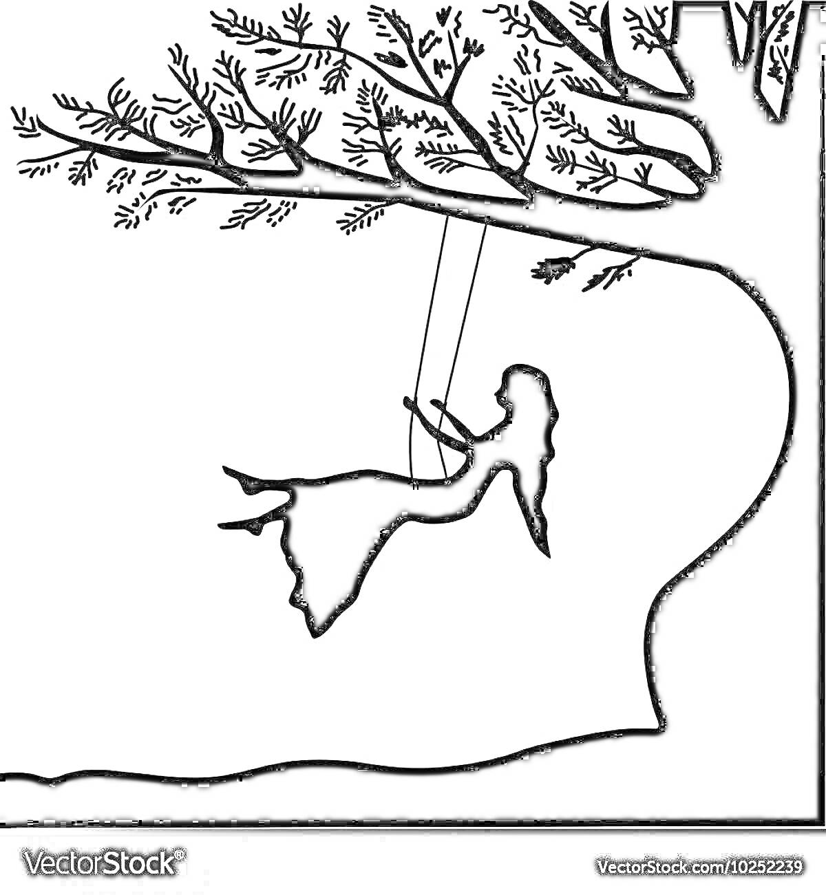 Раскраска Девочка на качелях под деревом