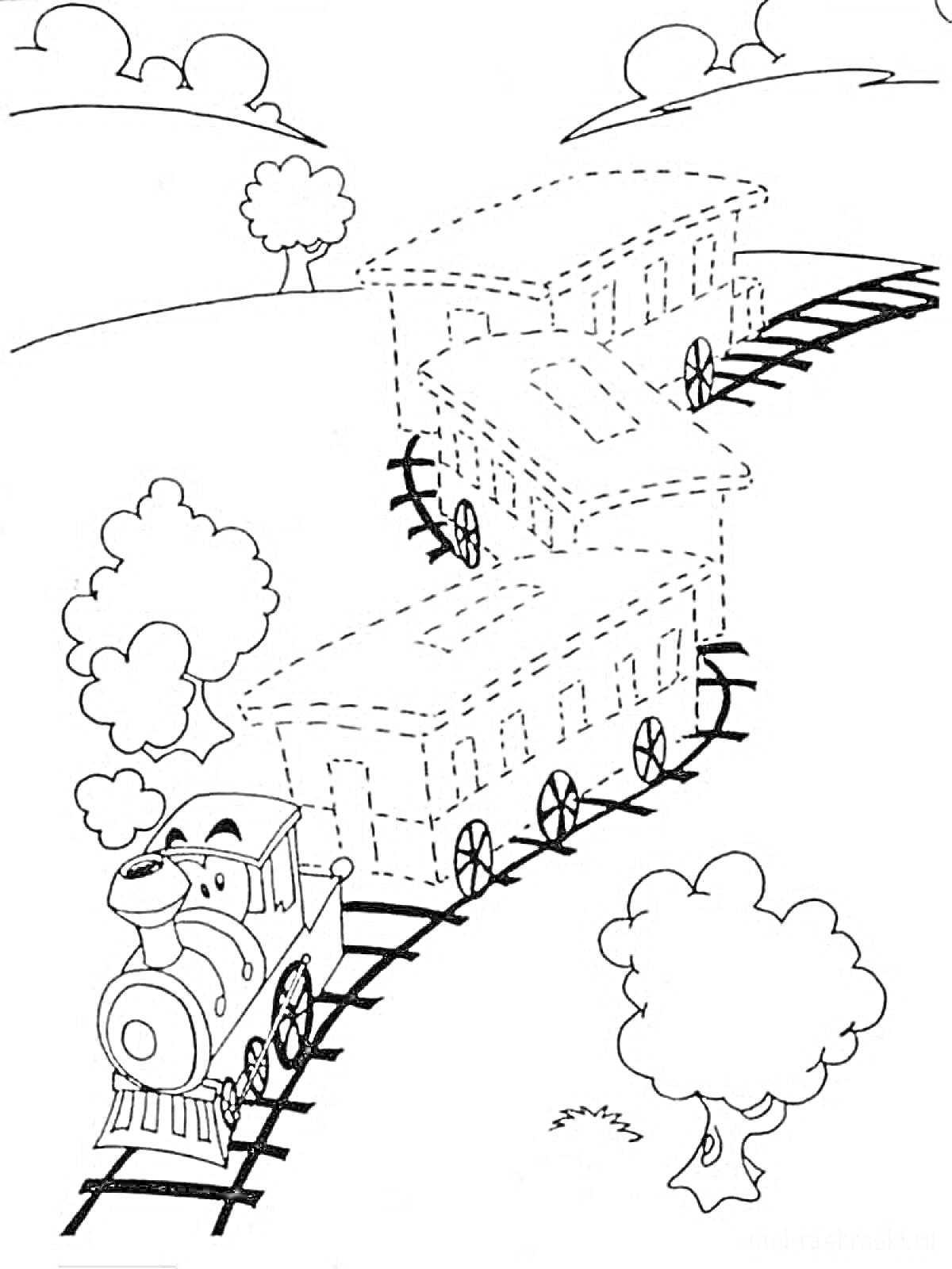 Раскраска Паровозик на железной дороге среди деревьев на природе, дорисовка вагонов по точкам
