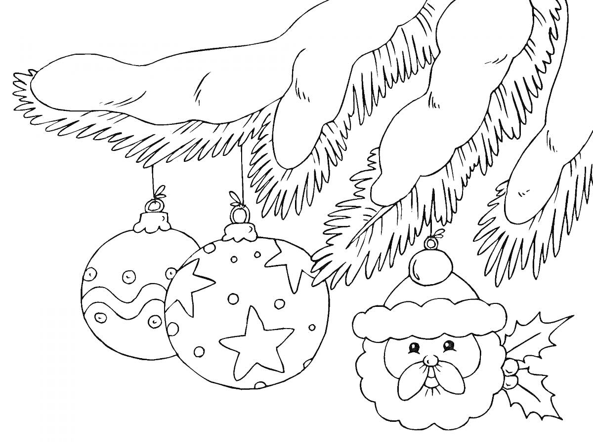 На раскраске изображено: Ветка, Игрушки, Ёлочные игрушки, Шары, Дед Мороз, Праздники, Новогодние украшения
