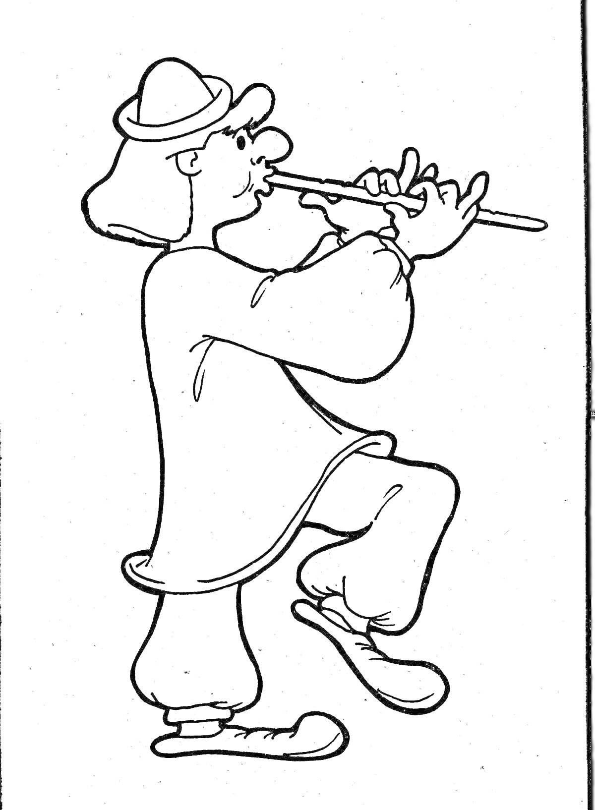 На раскраске изображено: Пастушок, Лель, Флейта, Шляпа, Костюм, Обувь, Музыкальные инструменты