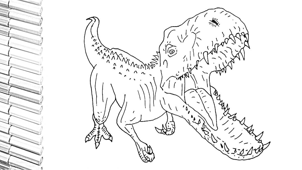 На раскраске изображено: Индоминус рекс, Динозавр, Карандаши, Цветные карандаши, Открытая пасть, Творчество, Контурные рисунки