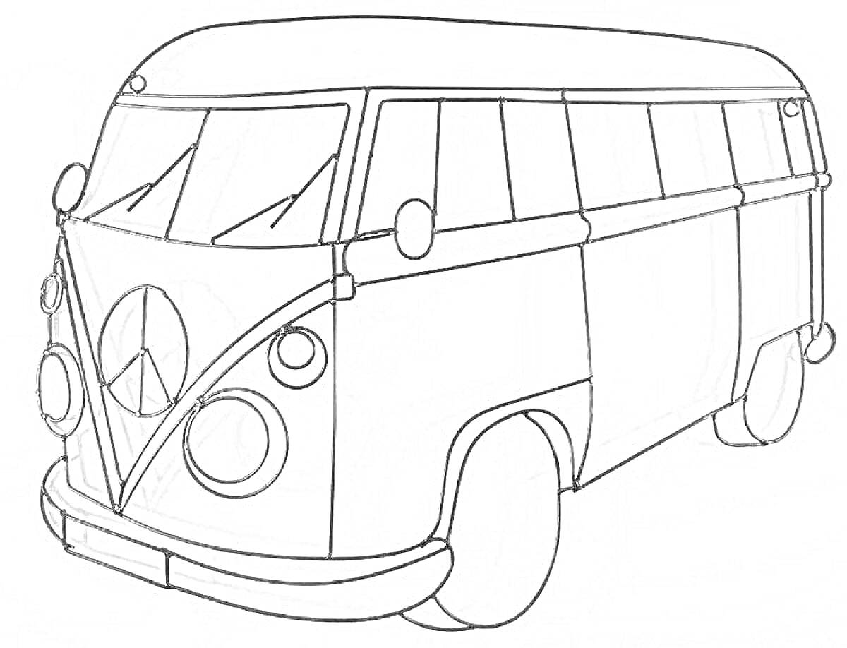 На раскраске изображено: Микроавтобус, Знак мира, Фары, Окна, Колёса, Транспорт
