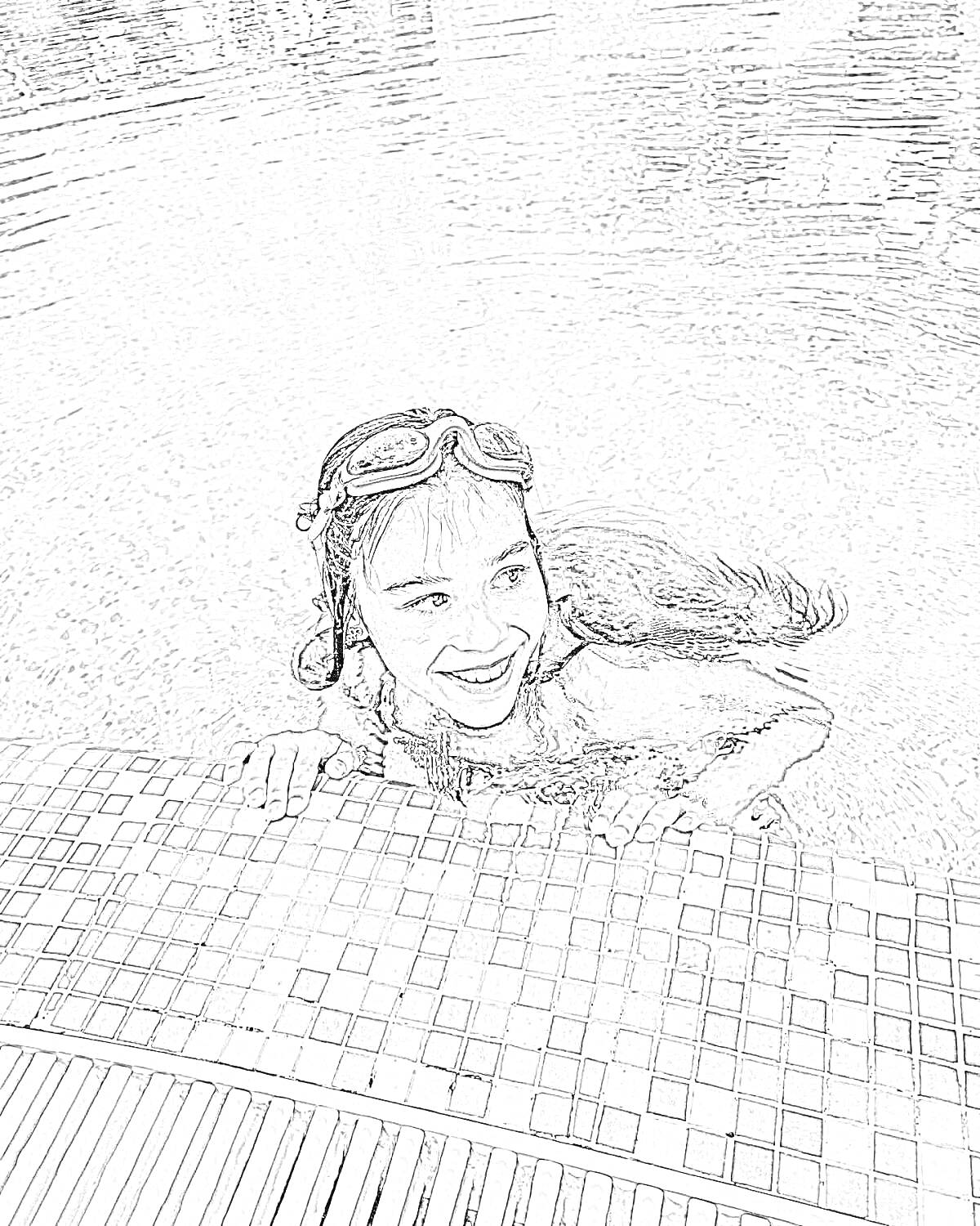 Раскраска Девочка в очках для плавания у бассейна с мозаичным полом на фоне воды
