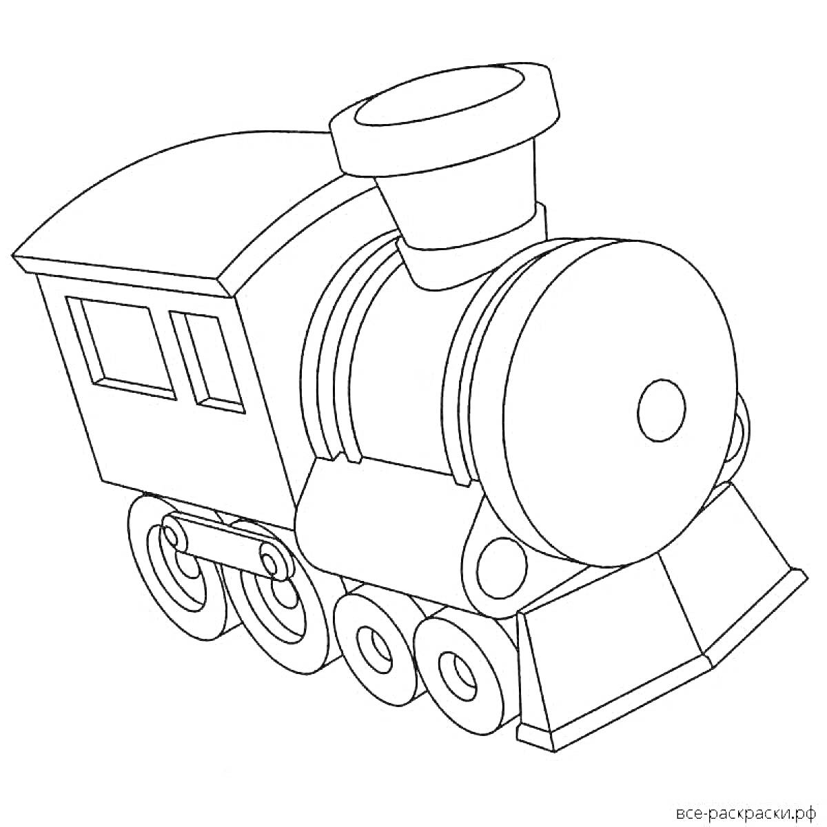 На раскраске изображено: Паровоз, Поезд, Детский транспорт, Железная дорога, Колёса, Котел, Контурные рисунки