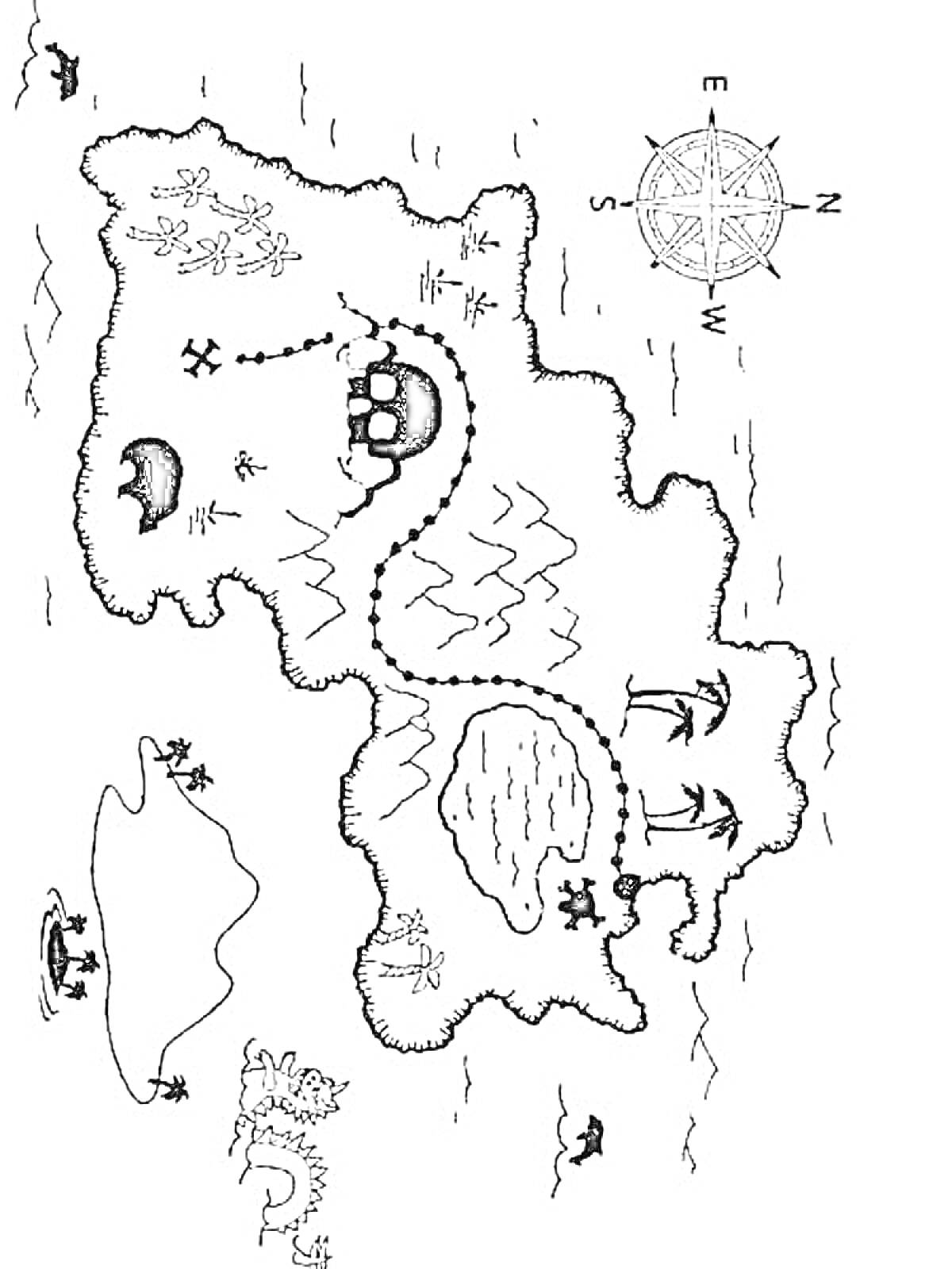 Раскраска Карта сокровищ с пиратским кораблем, островами с пальмами, компасом, крестиками (