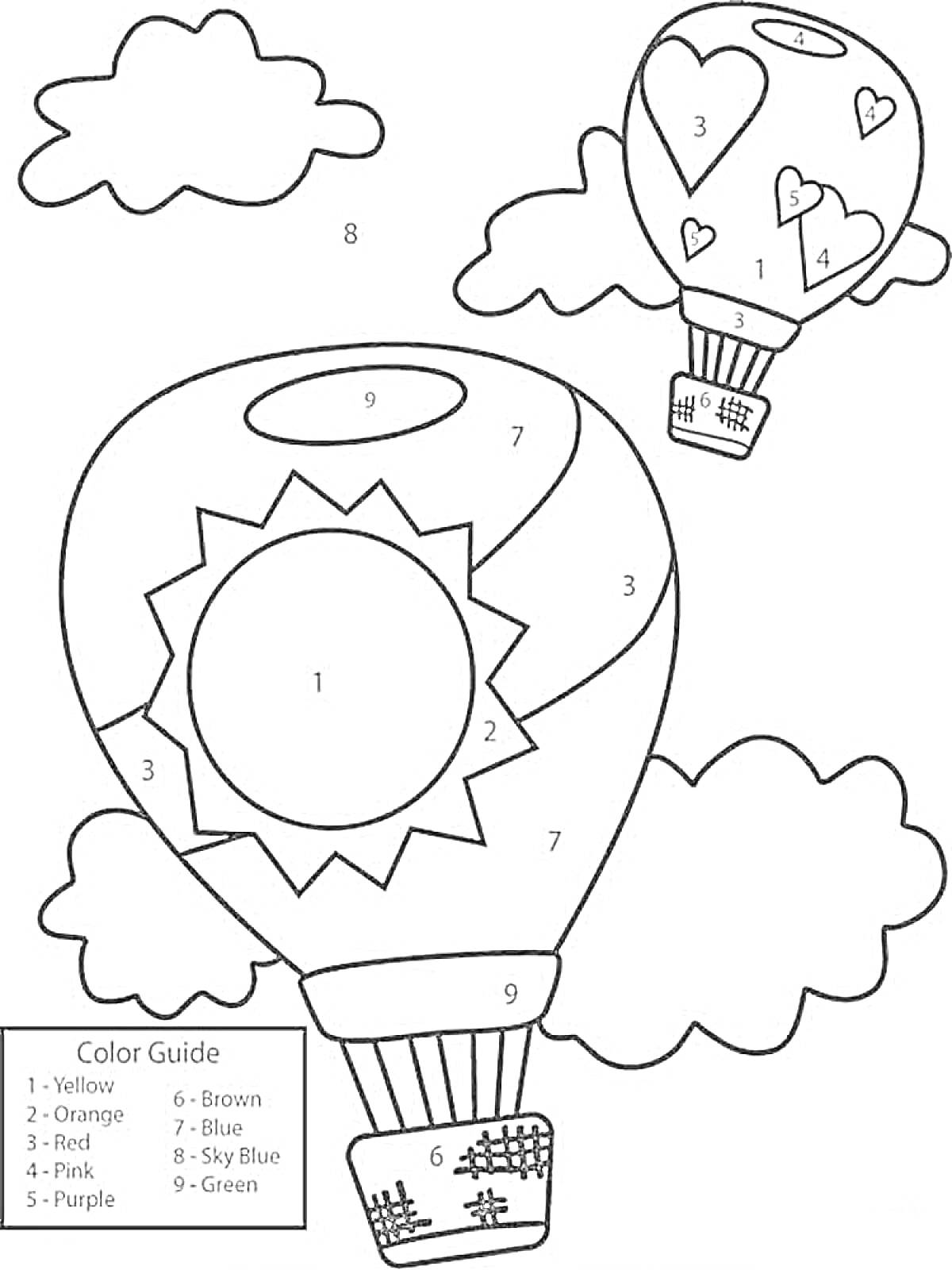 На раскраске изображено: По цифрам, Облака, Солнце, Для детей, Воздушные шары
