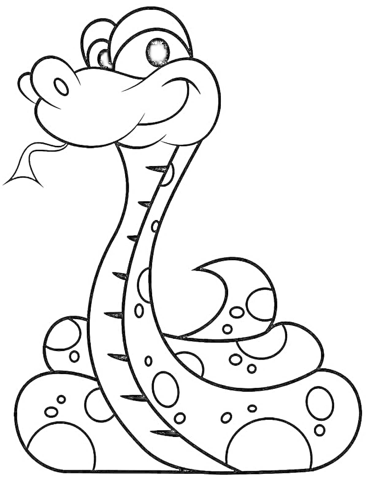 Раскраска Улыбающаяся змея с чешуйками и пятнами