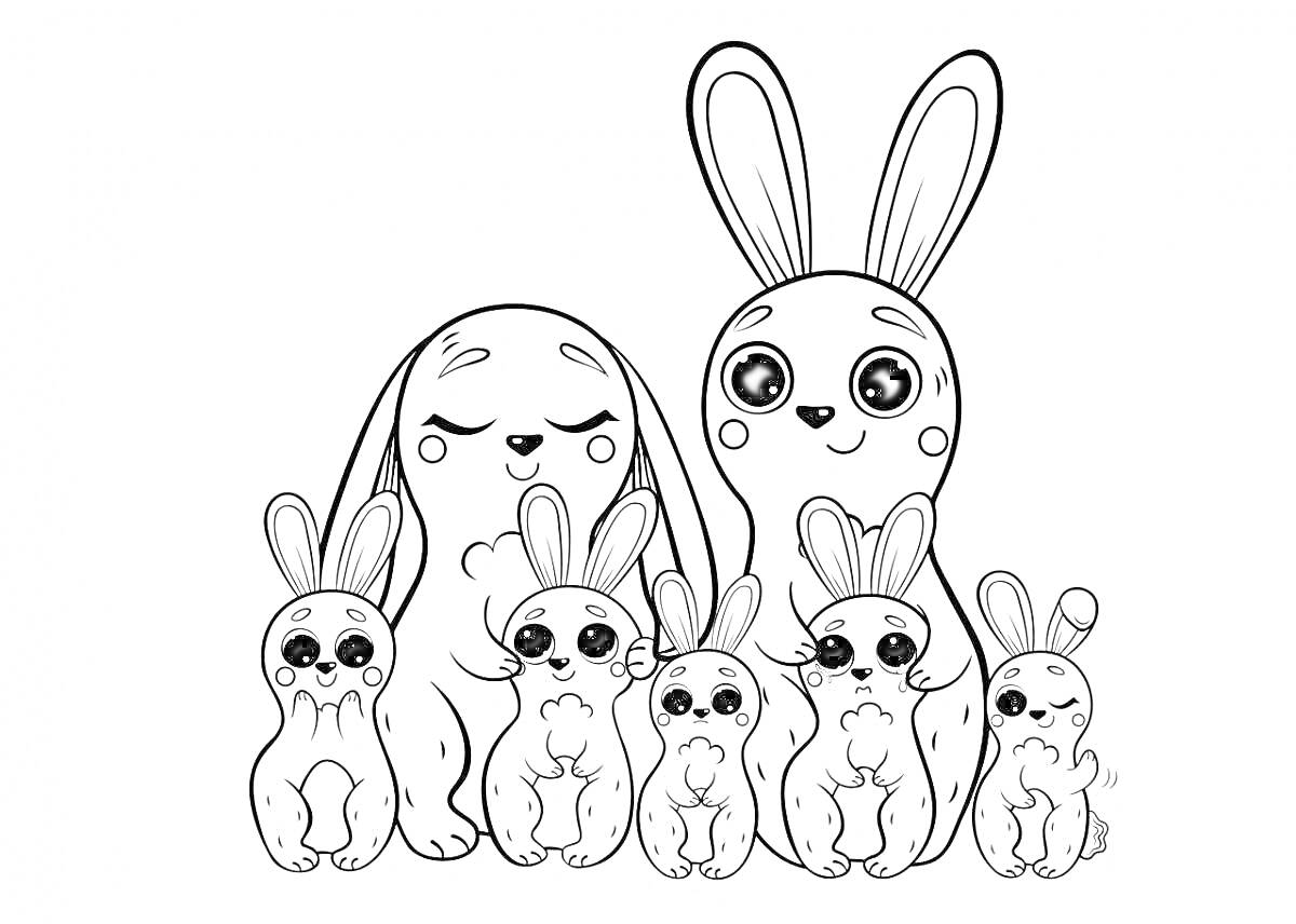Раскраска Семья из шести зайцев, два взрослых и четыре детёныша