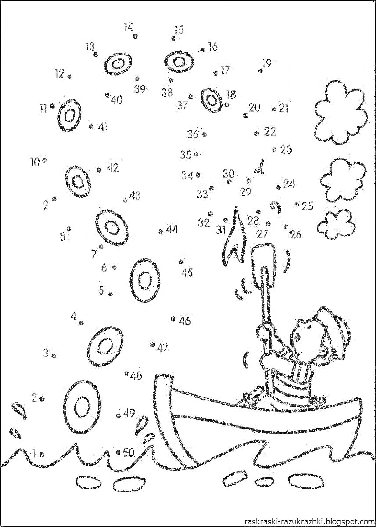 На раскраске изображено: По цифрам, Мальчик, Лодка, Весло, Рыба, Облака, Круги, Вода, Обучение