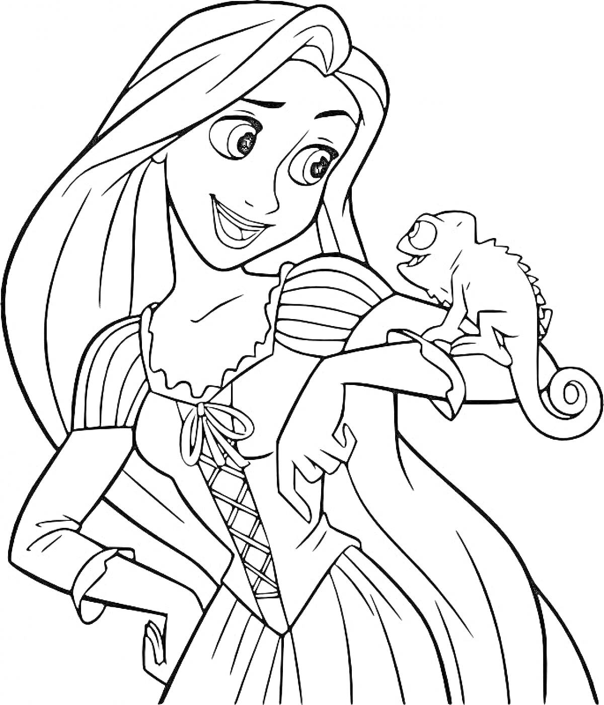 На раскраске изображено: Принцесса, Длинные волосы, Хамелеон, Платье, Из мультфильмов