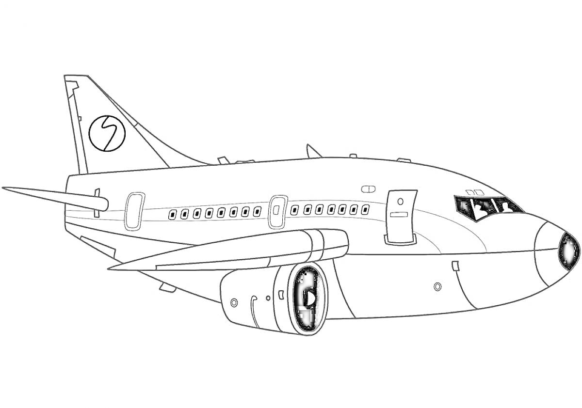 Раскраска Пассажирский самолет с окнами, двигателями и кабиной пилотов
