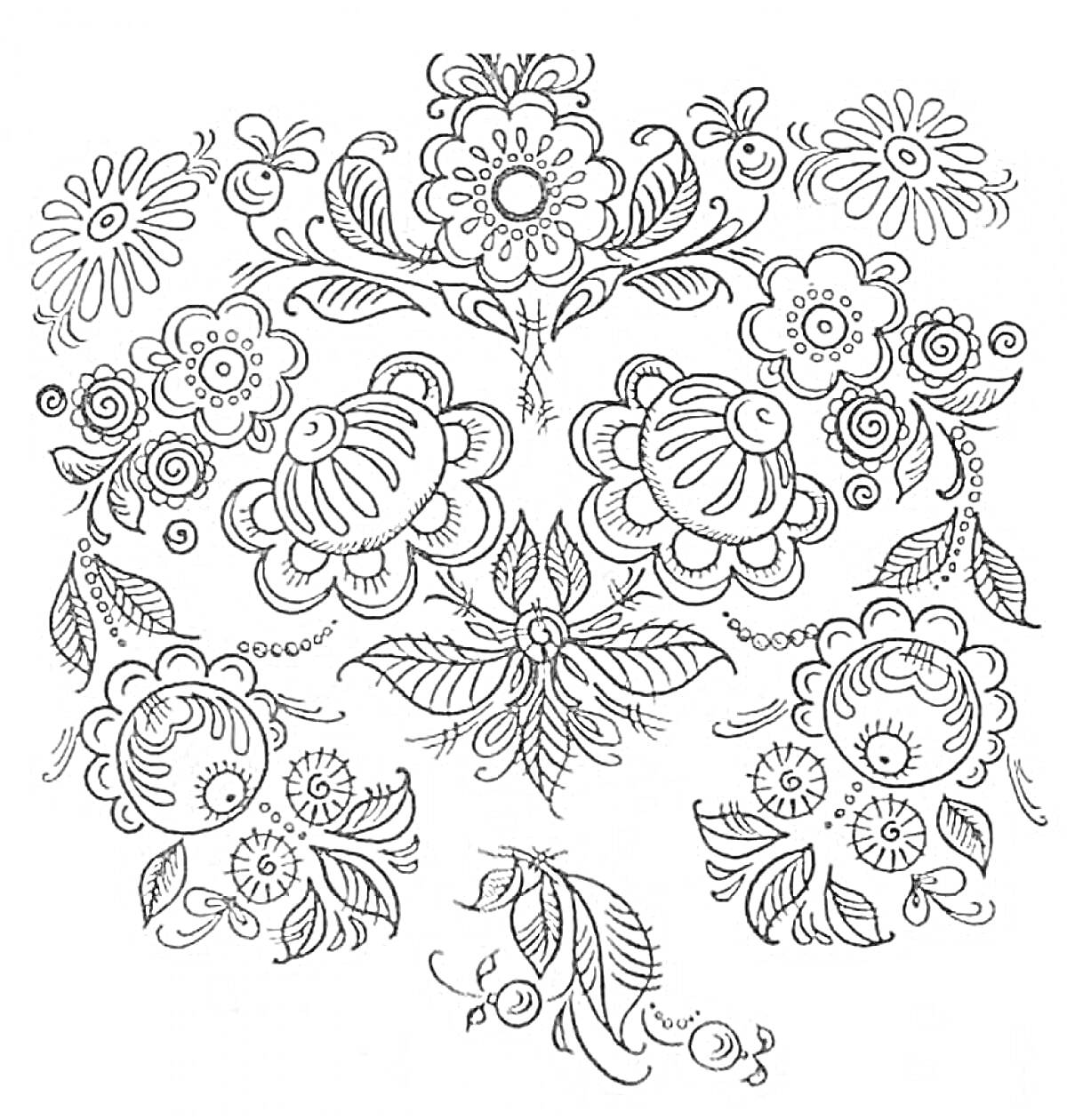 Раскраска Хохлома - цветочный узор с крупными и мелкими цветами, листьями и веточками