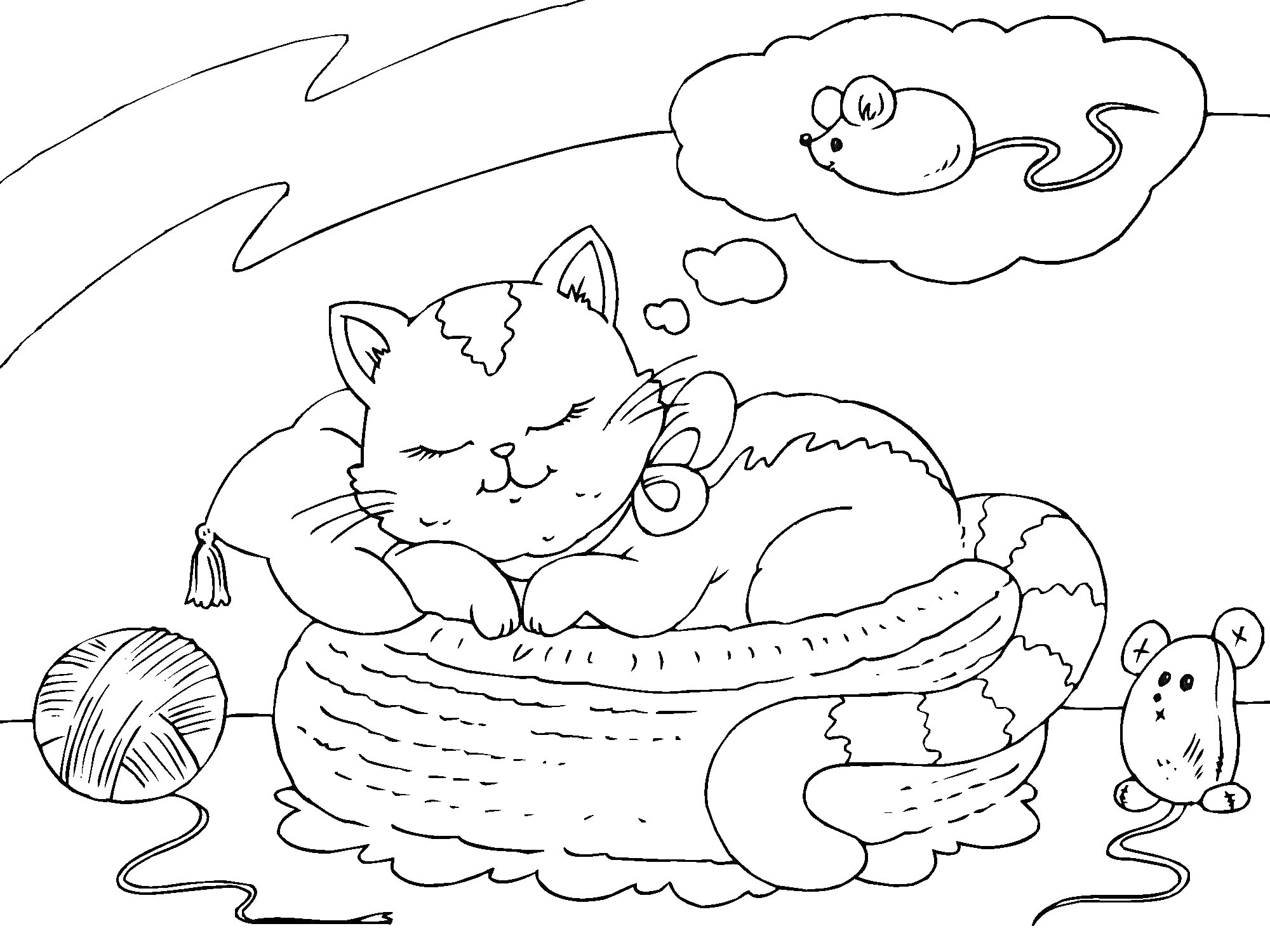 На раскраске изображено: Кот, Сон, Мышь, Клубок шерсти, Подушка