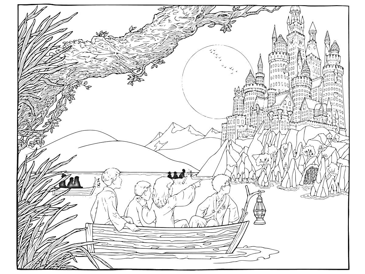 На раскраске изображено: Хогвартс, Замок, Ученики, Лодка, Река, Луна, Природа, Горы, Ночь, Фонари, Деревья