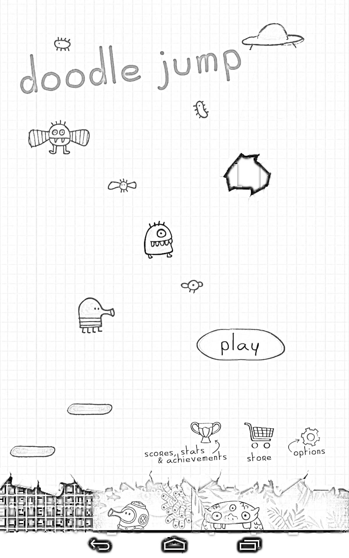 Doodle Jump - персонаж, монстры, платформы, кнопка 