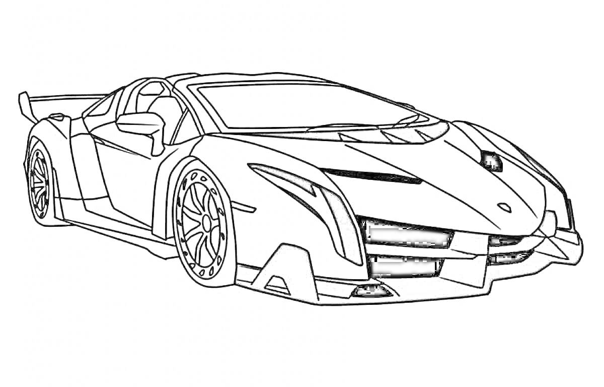 Раскраска автомобиля Lamborghini с открытыми дверями, спортивный дизайн, передний спойлер, большие колеса и агрессивный передний бампер