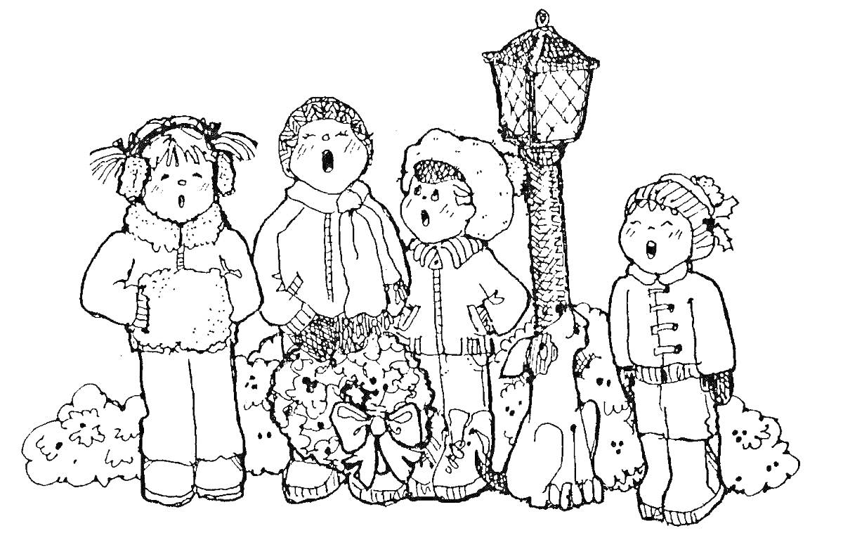 Дети в зимней одежде поют колядки возле фонарного столба и украшенного венка, рядом с декоративными кустами