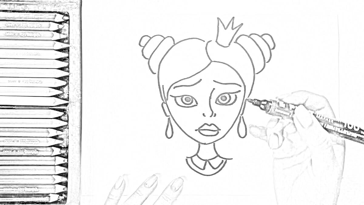 На раскраске изображено: Корона, Серьги, Карандаши, Рука