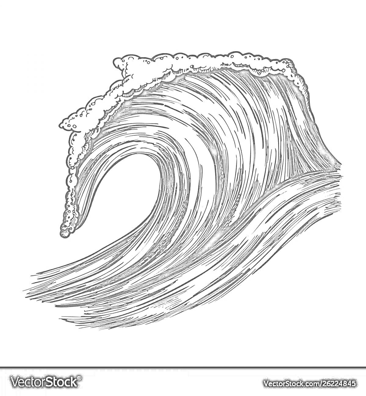 Раскраска большая волна цунами с пенной гребнёй