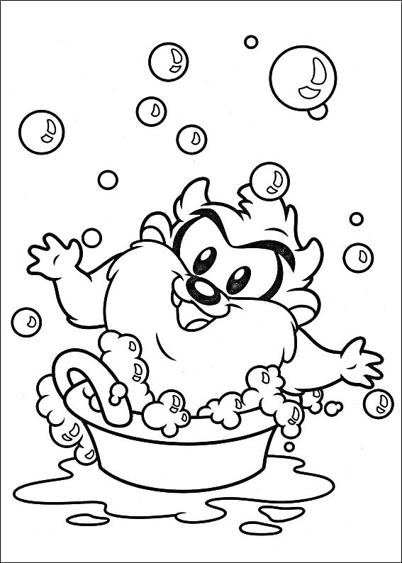 Раскраска Весёлый зверёк в ванне с мыльными пузырями