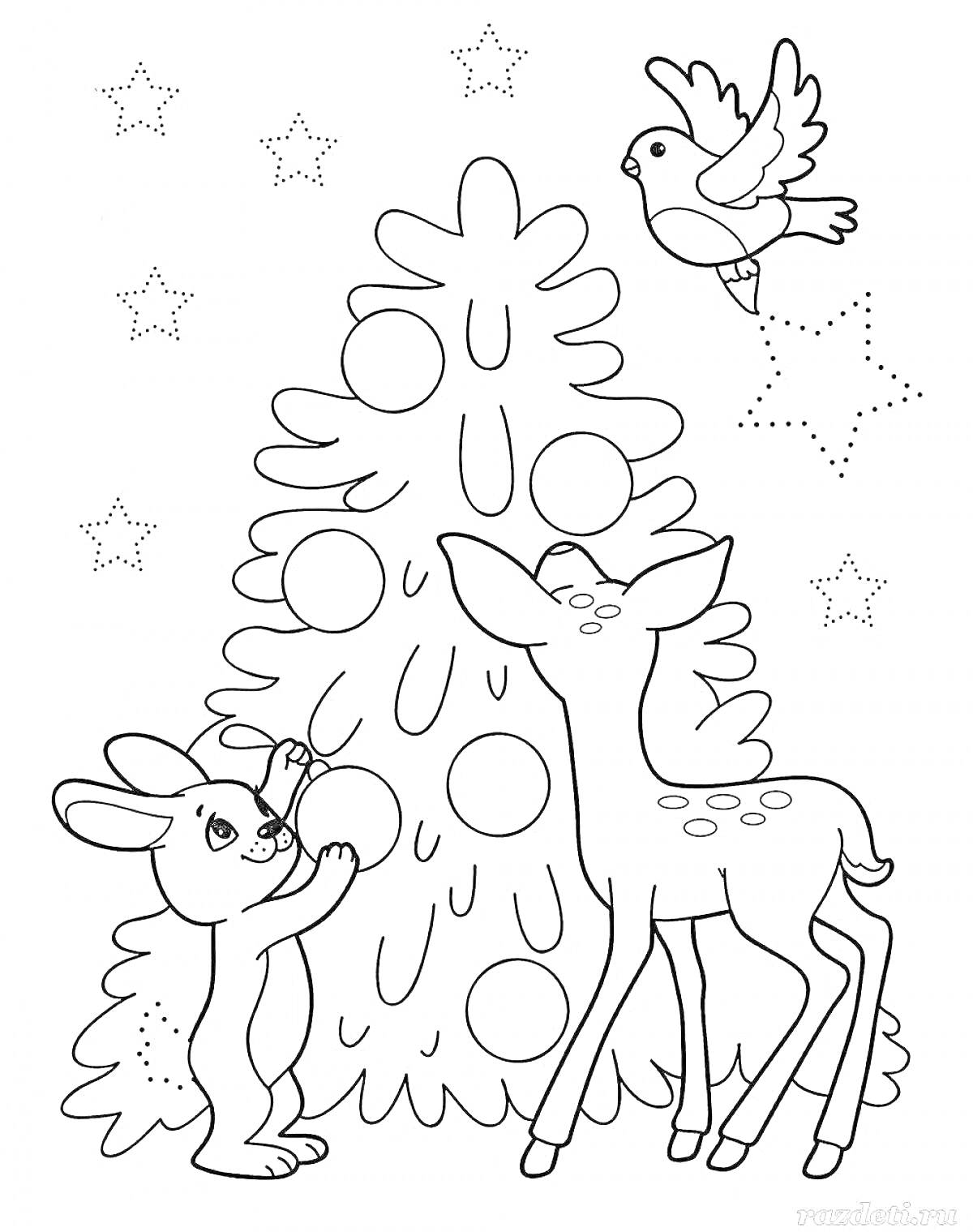 На раскраске изображено: Новогодние шары, Кролик, Птица, Звезды, Новогоднее дерево, Раскрашивание для детей, Зимние праздники