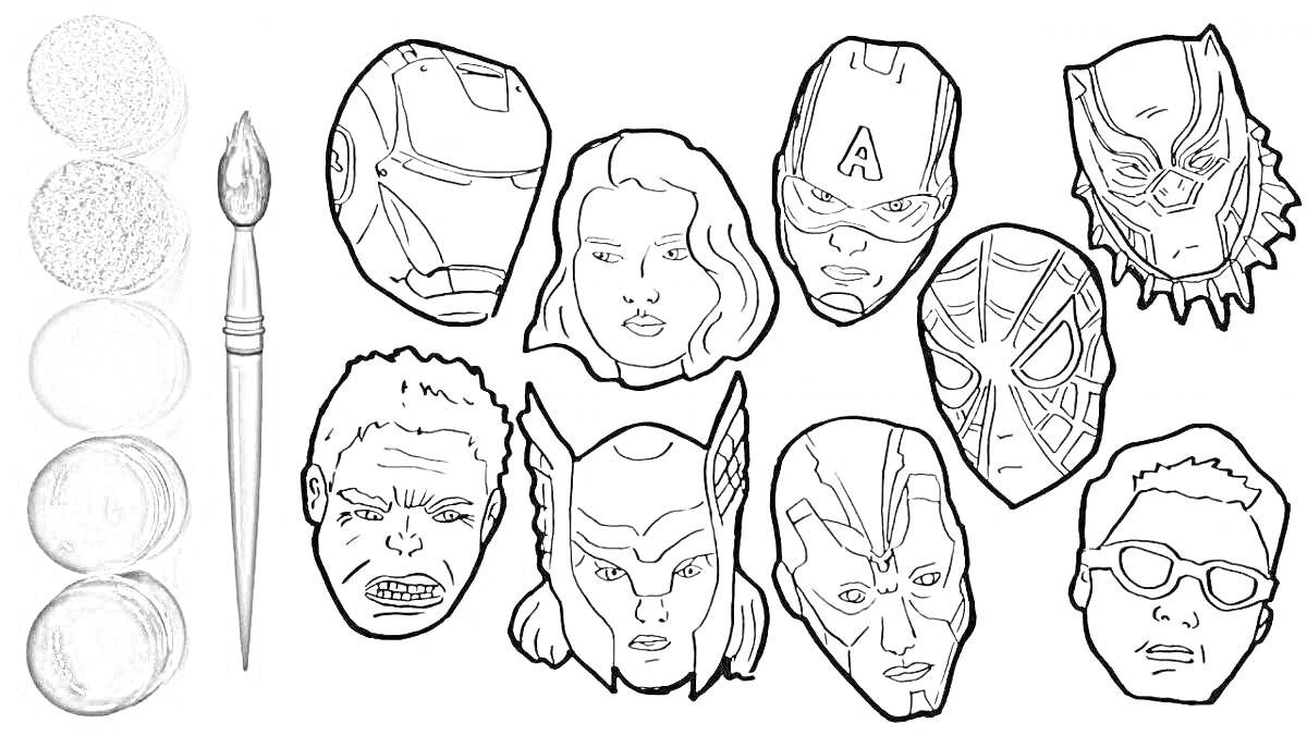 На раскраске изображено: Марвел, Мстители, Супергерои, Краски, Железный человек, Капитан америка, Тор, Черная вдова, Человек-Паук, Черная пантера, Маска, Кисточки
