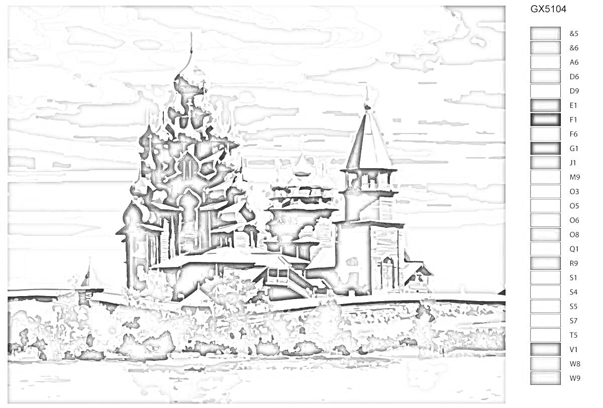 Раскраска Архитектурный ансамбль Кижи: Преображенская церковь и колокольня с облачным небом на заднем плане, отражение в воде