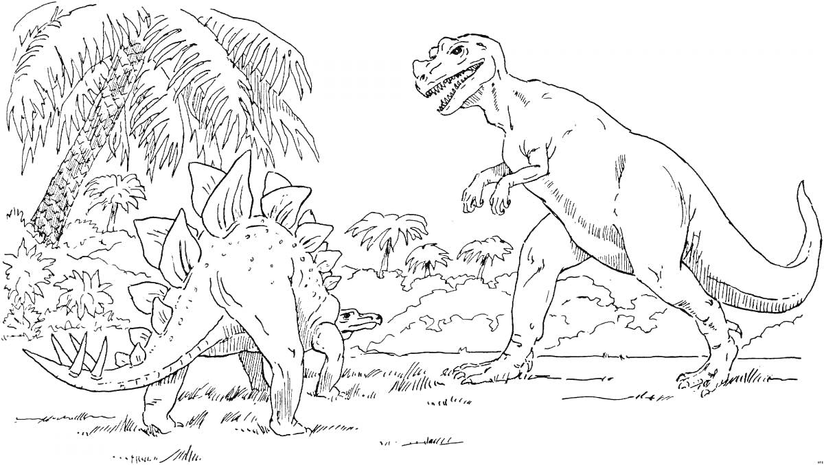 Раскраска Тираннозавр Рекс и Стегозавр на фоне зарослей с деревьями и кустарниками