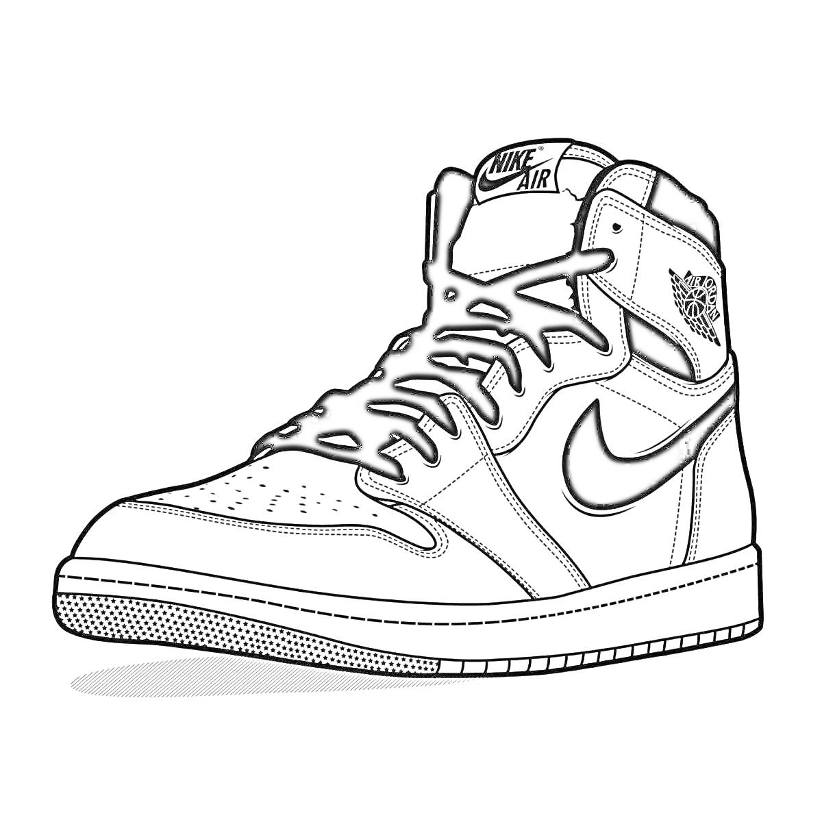 Раскраска Раскраска кроссовка с логотипом Nike, шнурками, перфорированной поверхностью и надписью Nike Air