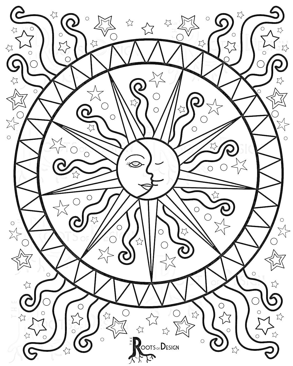 На раскраске изображено: Солнце, Луна, Звезды, Космос, Ночь, День, Астрономия, Мандала