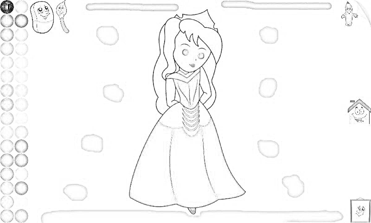 Раскраска Принцесса в пышном платье с длинными волосами, волшебная палочка и набор цветов для раскраски