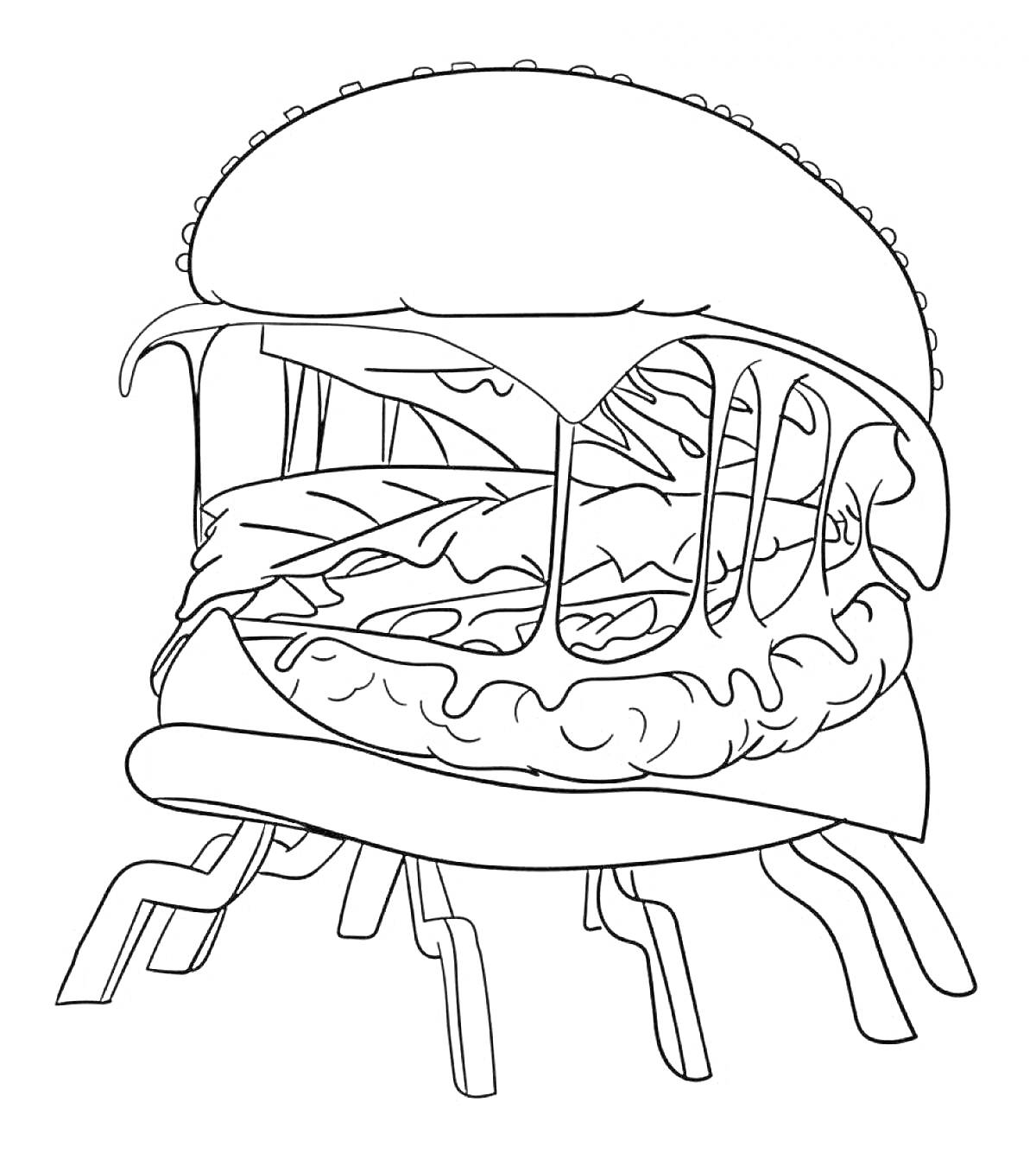 На раскраске изображено: Бургер, Сыр, Начинка, Еда, Фантазия
