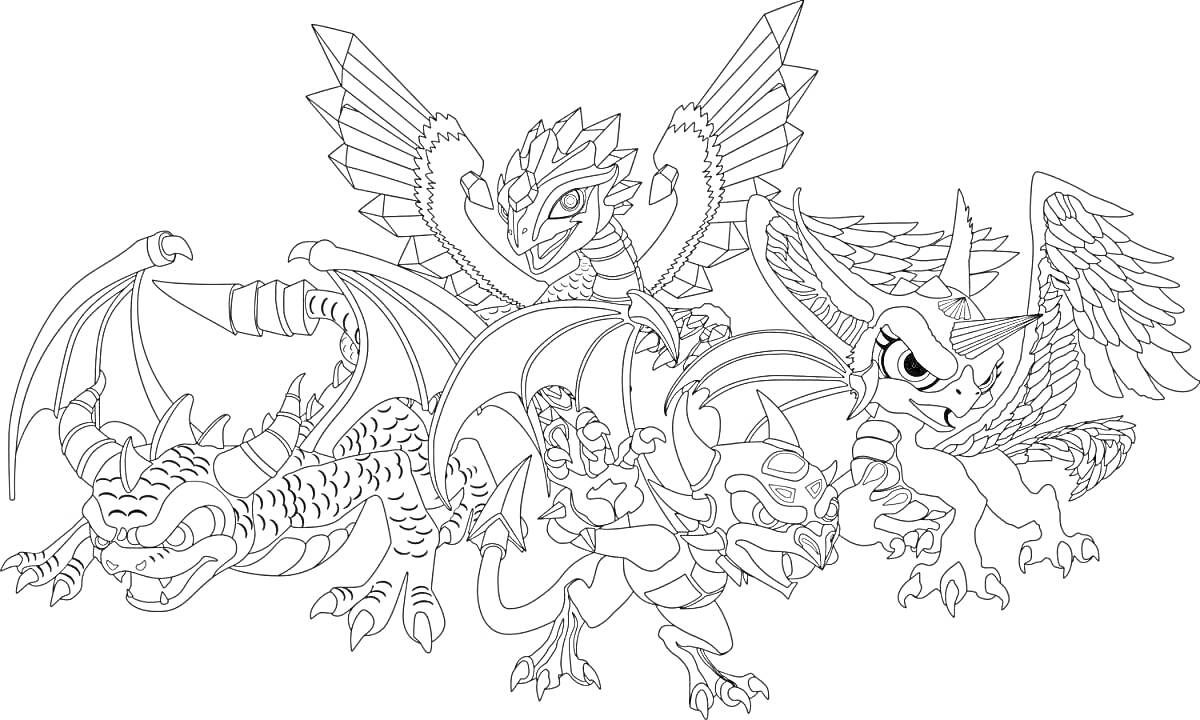 Раскраска Четыре дракона с крыльями и рогами в различных позах